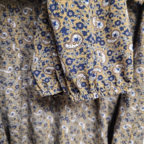 Alchemy Thread Tan And Blue Paisley Boho Babydoll Tassel Tie Peasant Blouse Top - Picture 6 of 10